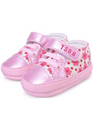 天使之婴印花布+PU幼儿学步鞋粉红